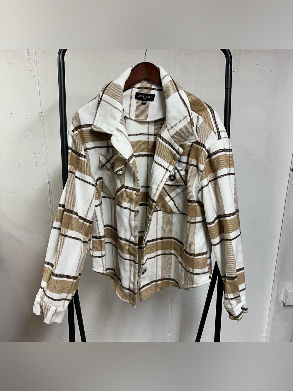 Love Tree White & Tan Plaid Shacket Jacket